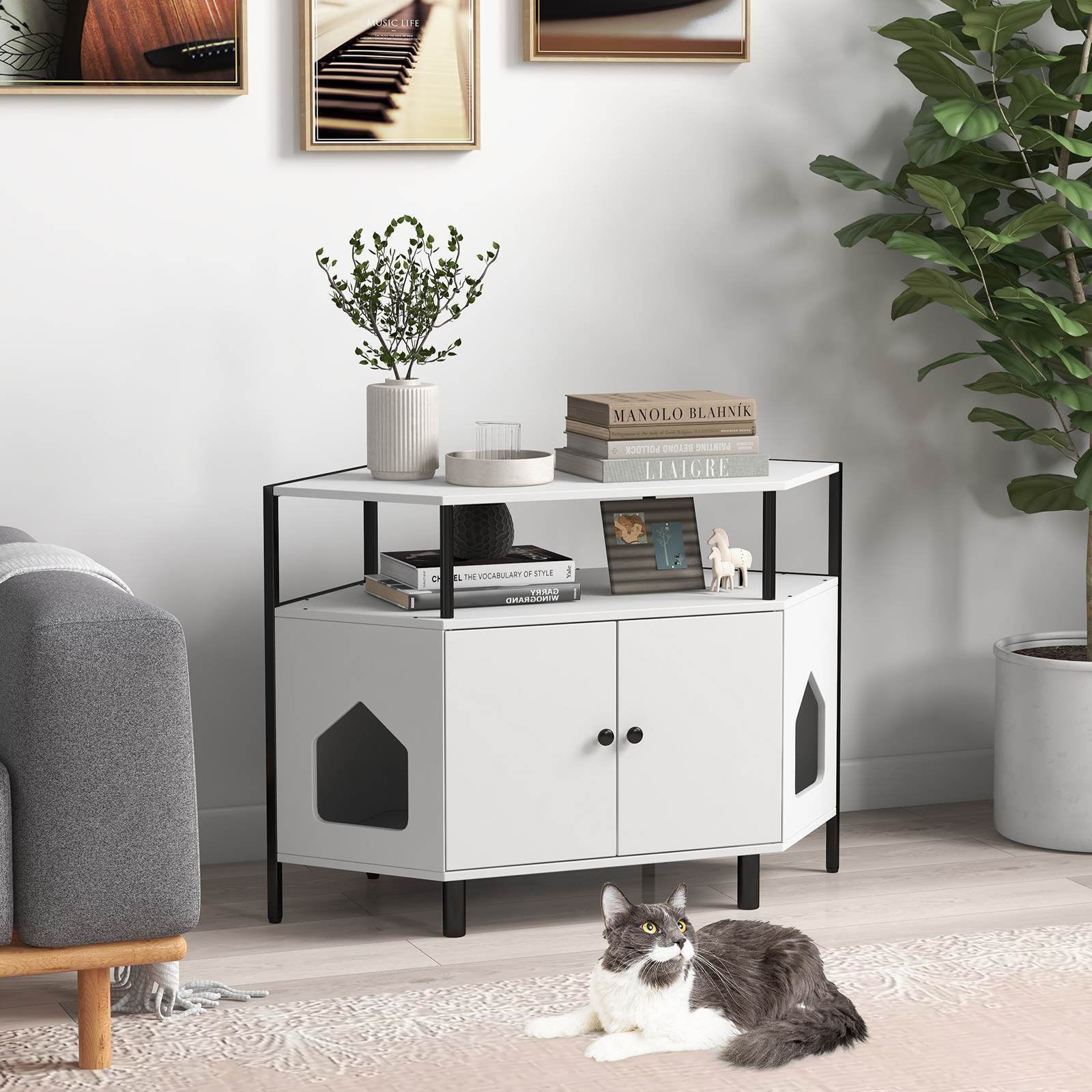 Hidden Cat Litter Box Enclosure Indoor Corner End Table w/Open Shelf, 2 Entries