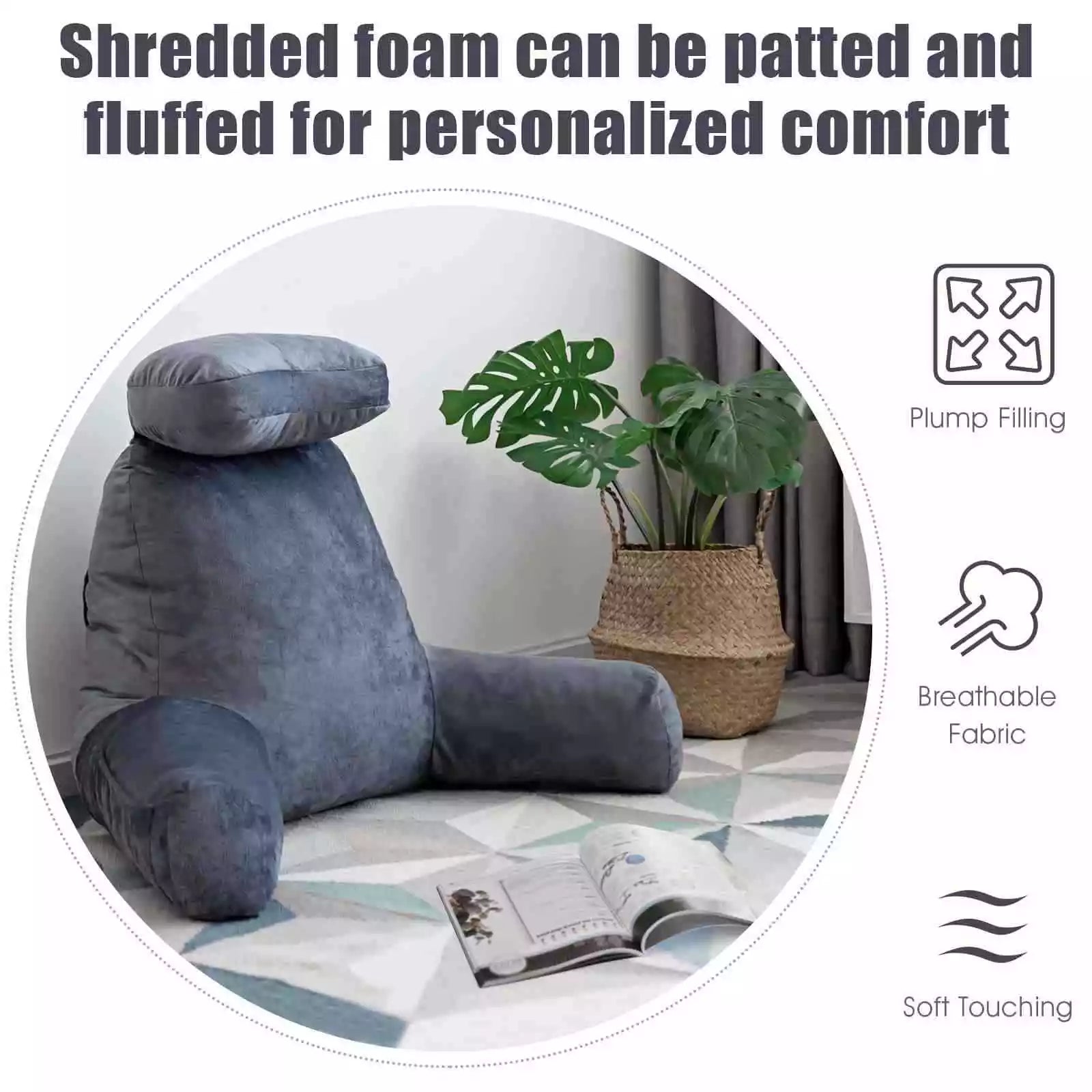 Detachable Big Bed Rest/Reading Pillow w/ Support Arms Plush & Memory Foam Fill