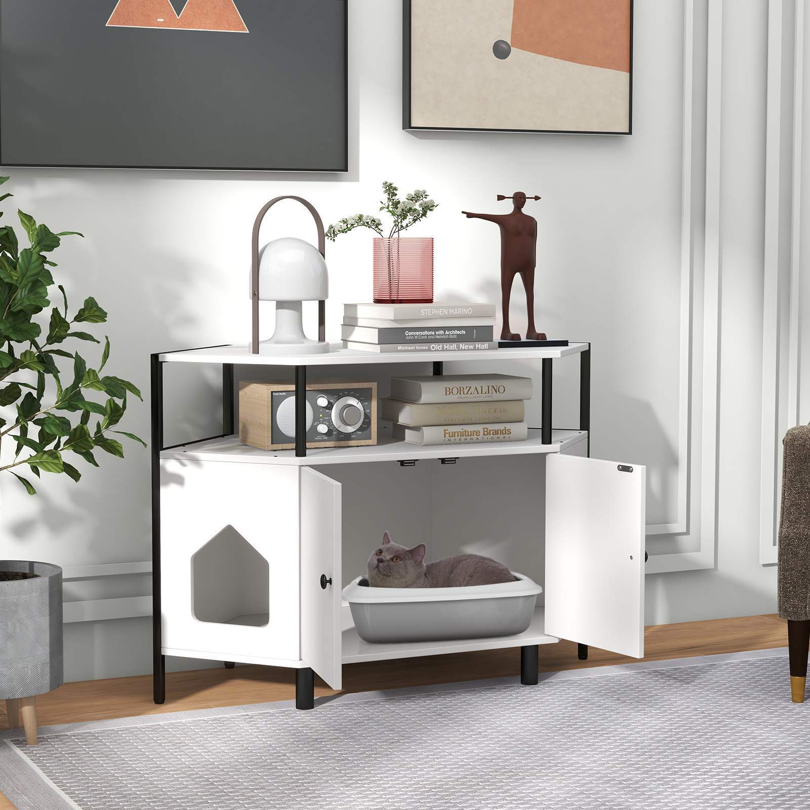 Hidden Cat Litter Box Enclosure Indoor Corner End Table w/Open Shelf, 2 Entries