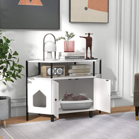 Hidden Cat Litter Box Enclosure Indoor Corner End Table w/Open Shelf, 2 Entries