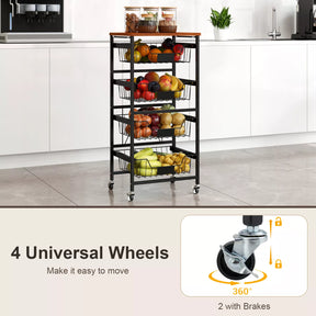 4/5-Tier Kitchen Storage Cart Utility Cart w/ Wooden Top Snack Storage Cart