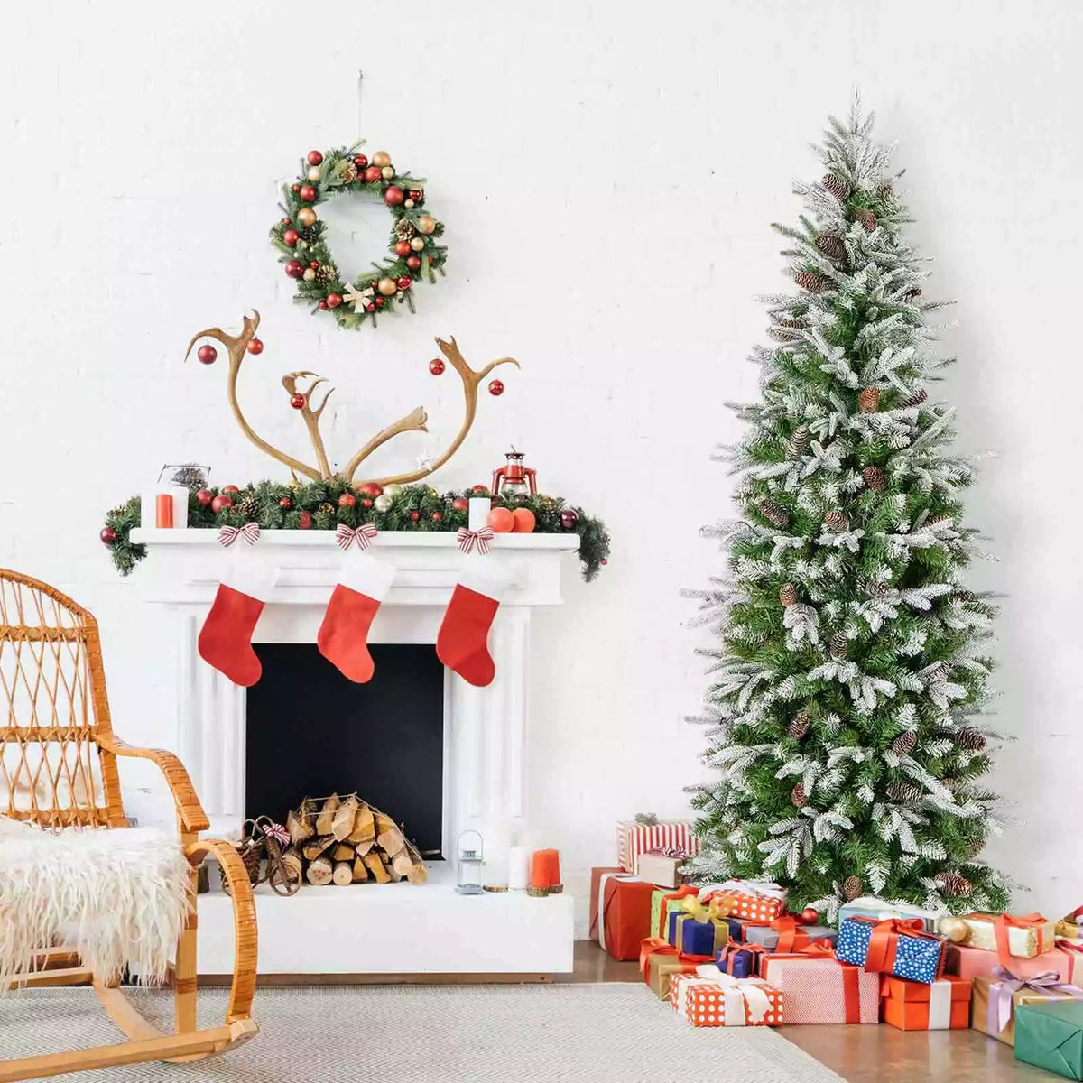 190CM Pre-lit Xmas Christmas Slim Tree w/60 Natural Pine Cones & PE Snowy Leaves