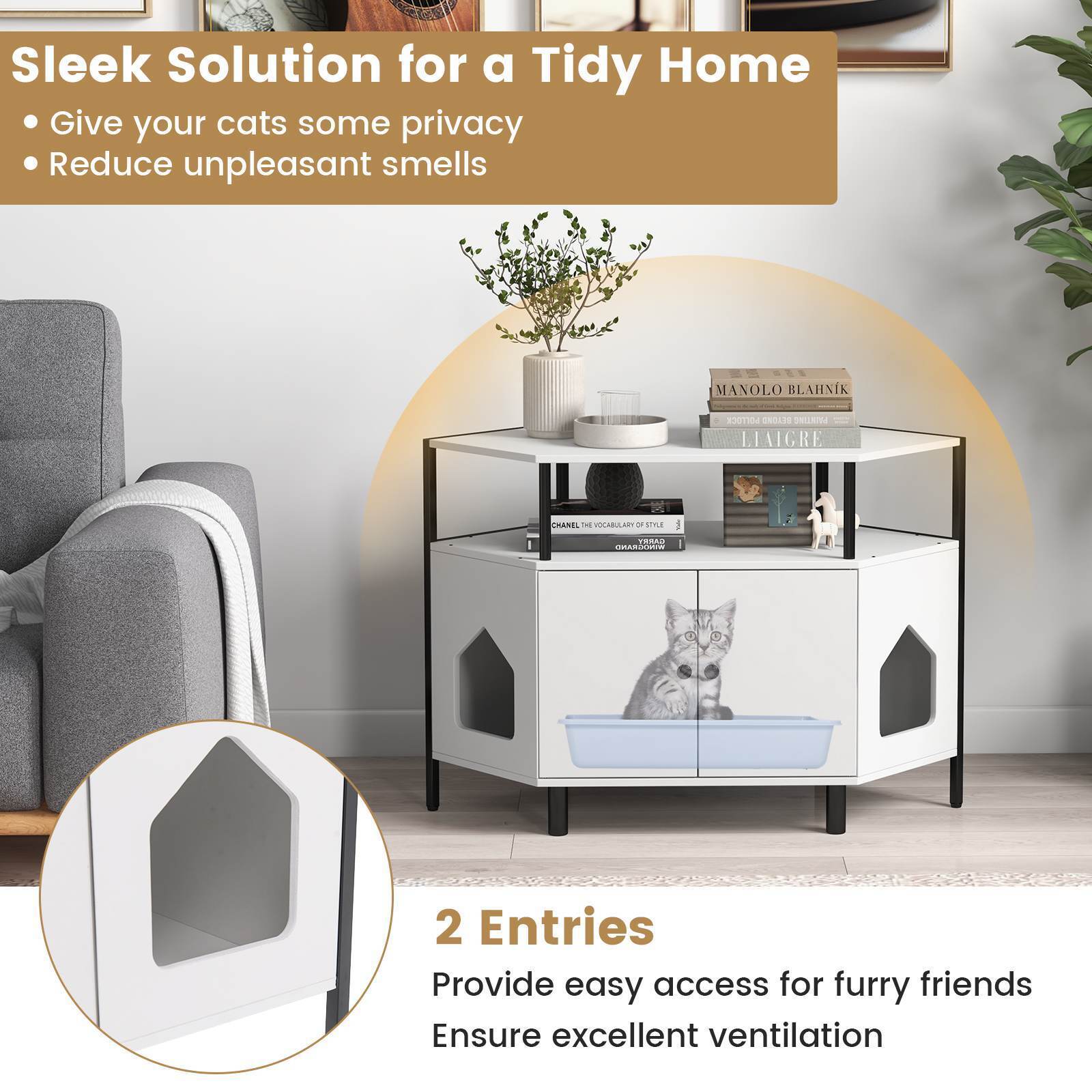 Hidden Cat Litter Box Enclosure Indoor Corner End Table w/Open Shelf, 2 Entries
