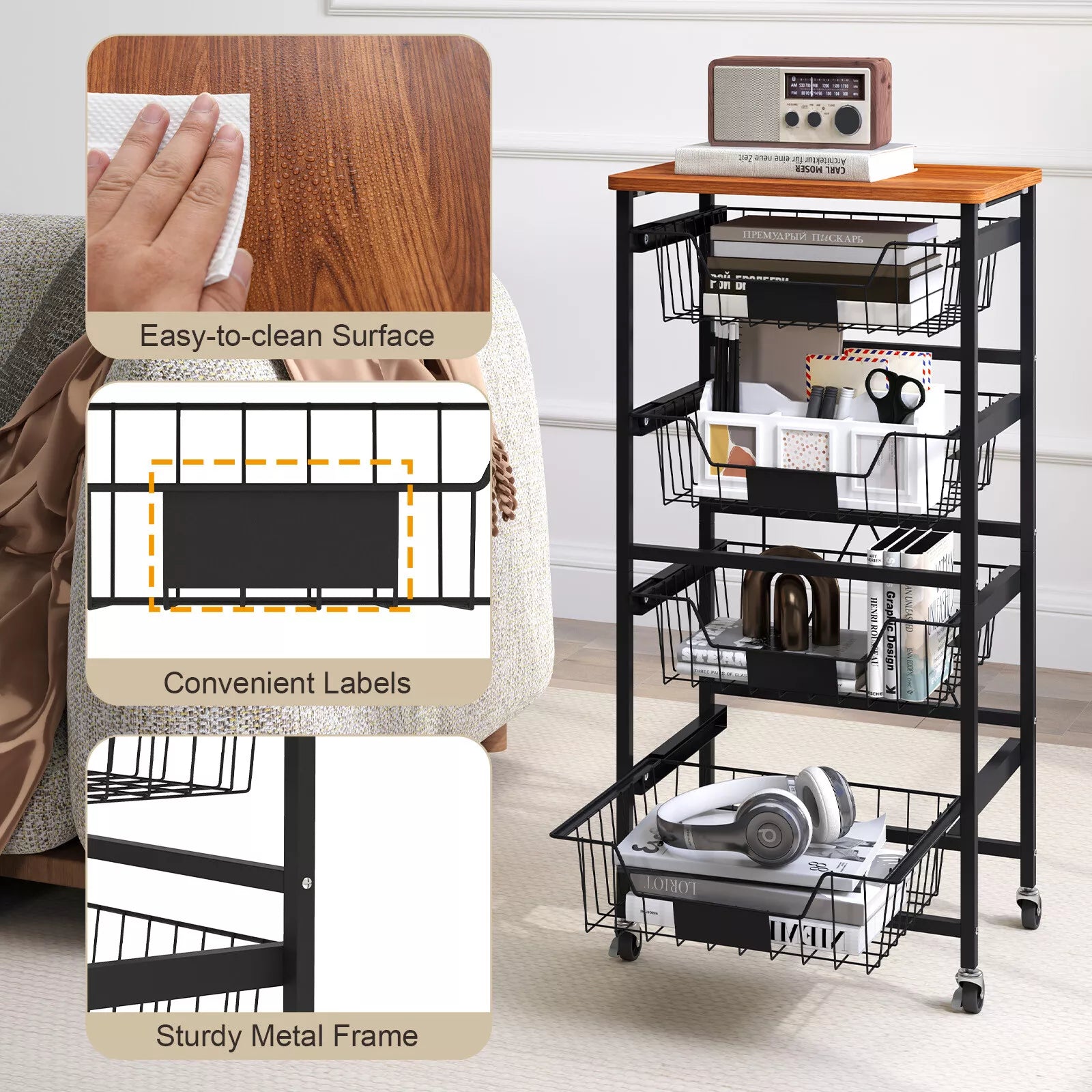 4/5-Tier Kitchen Storage Cart Utility Cart w/ Wooden Top Snack Storage Cart