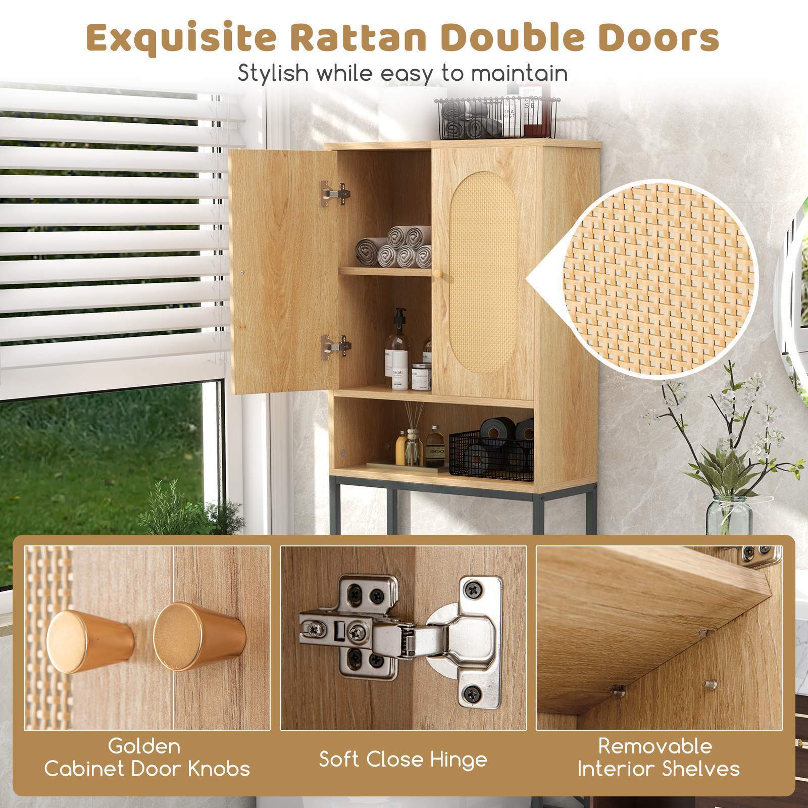 175cm Over the Toilet Storage Cabinet Tall Toilet Organizer with Rattan Doors