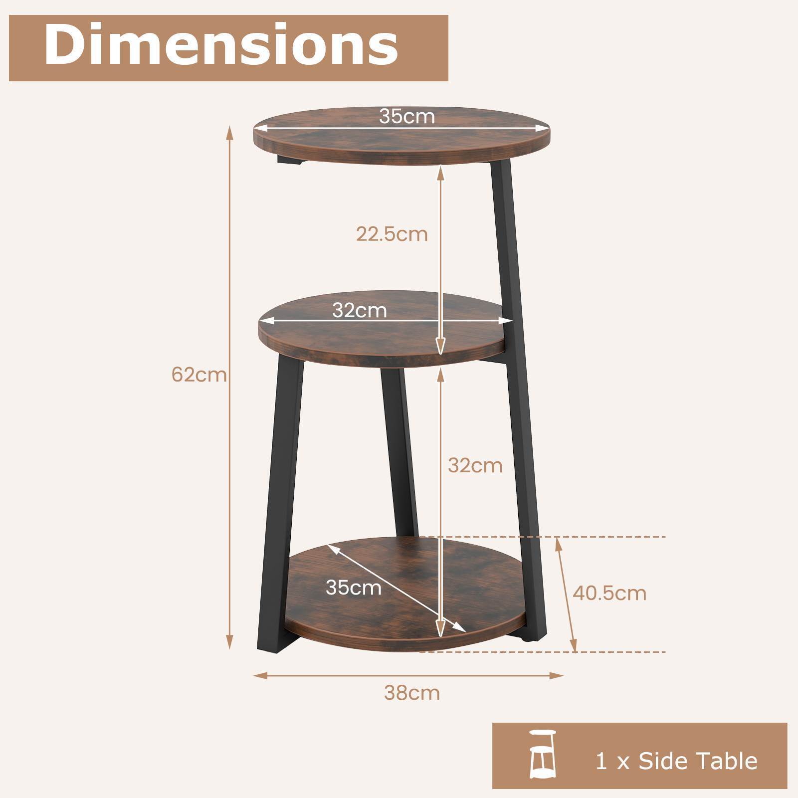 3-Tier Round Side Table Accent End Table Nightstand Bedside Table Living Room