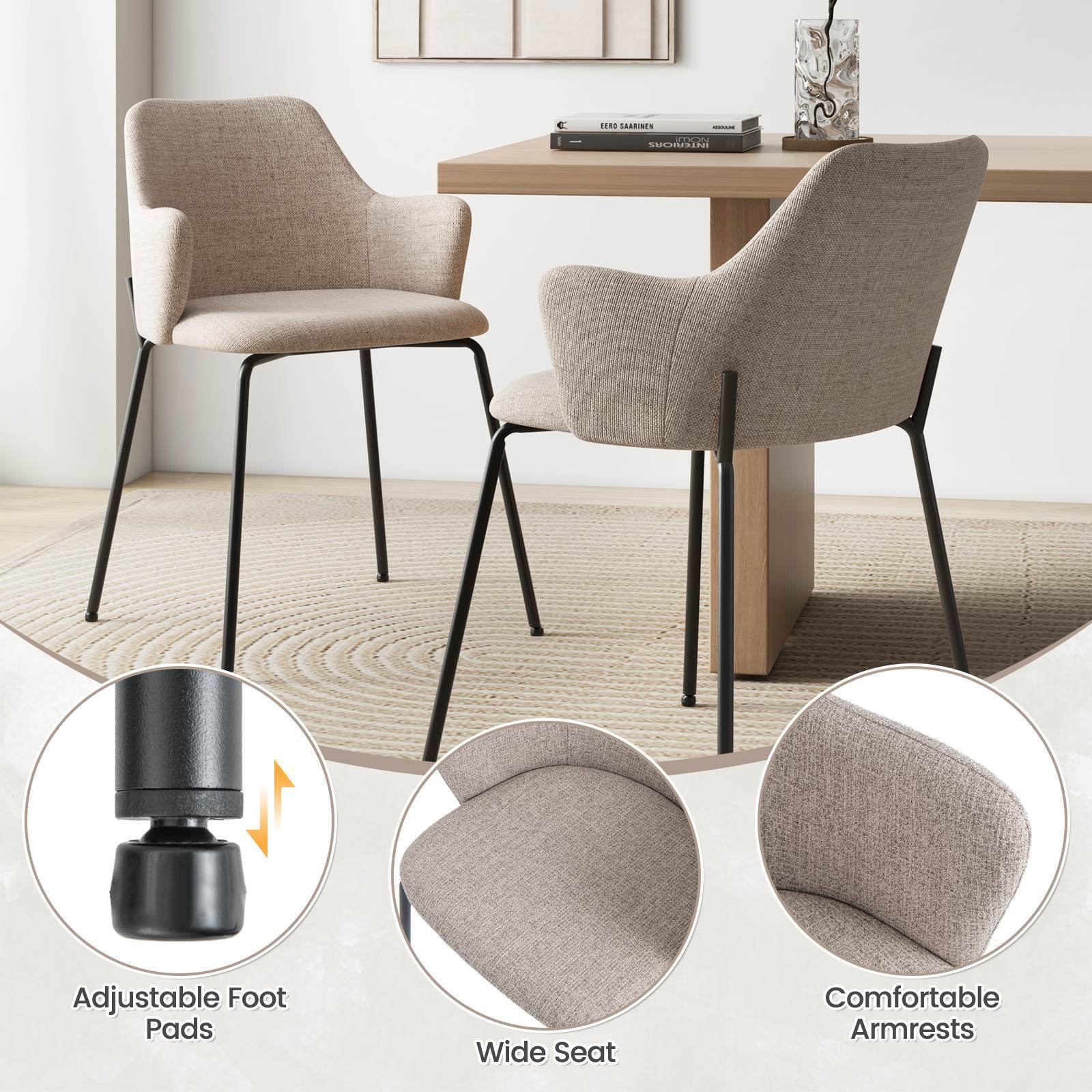 Dining Chairs Set of 2 Upholstered Accent Leisure Chairs w/ Curved Backrest