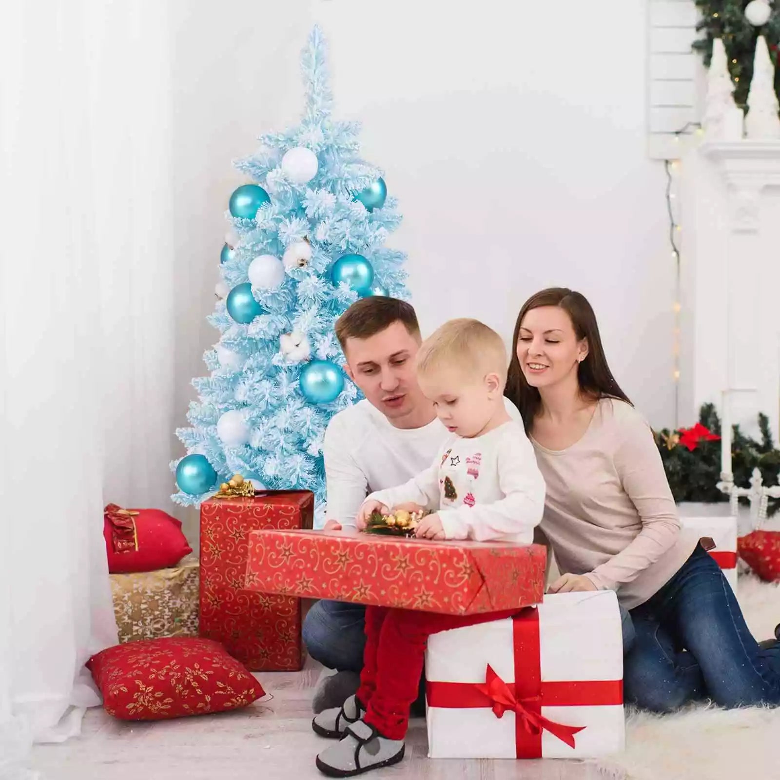 Pre-Decorated Tabletop Mini Christmas Tree Xmas Decor w/Snow Flocked Branch Tips