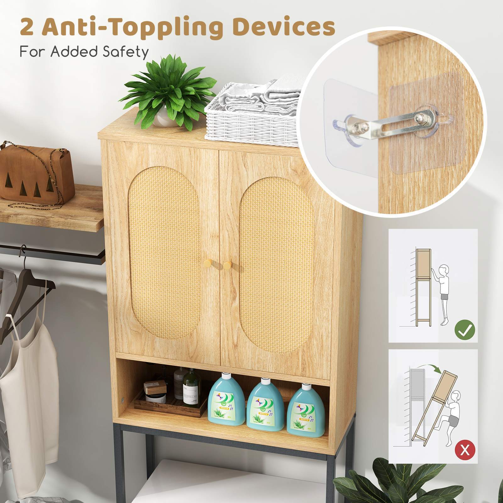 175cm Over the Toilet Storage Cabinet Tall Toilet Organizer with Rattan Doors