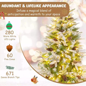 190CM Pre-lit Xmas Christmas Slim Tree w/60 Natural Pine Cones & PE Snowy Leaves