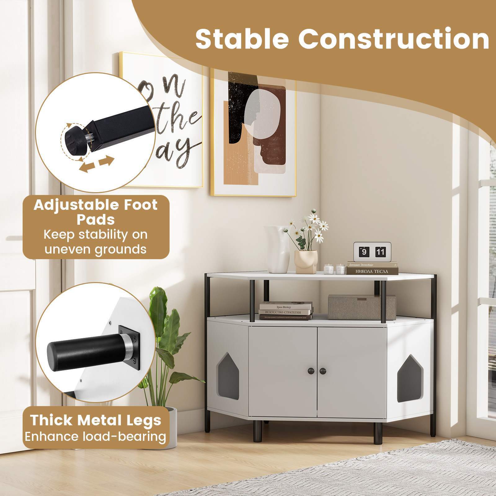 Hidden Cat Litter Box Enclosure Indoor Corner End Table w/Open Shelf, 2 Entries