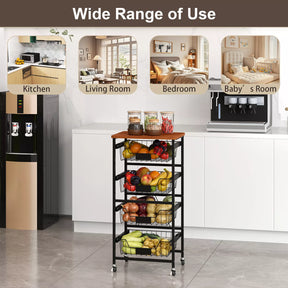 4/5-Tier Kitchen Storage Cart Utility Cart w/ Wooden Top Snack Storage Cart