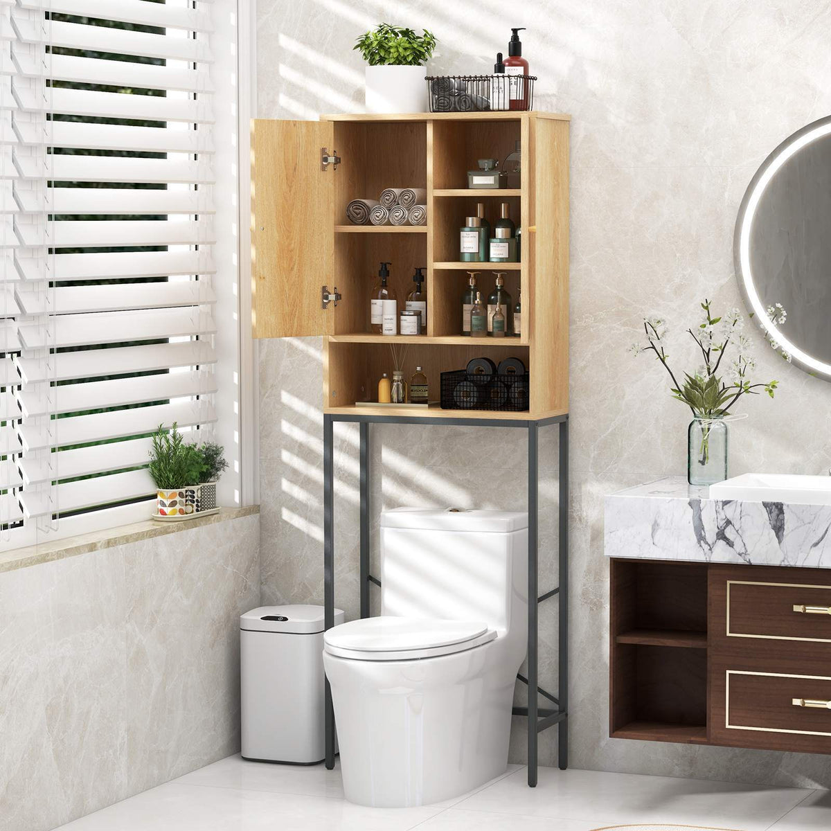175cm Over the Toilet Storage Cabinet Tall Toilet Organizer with Rattan Doors