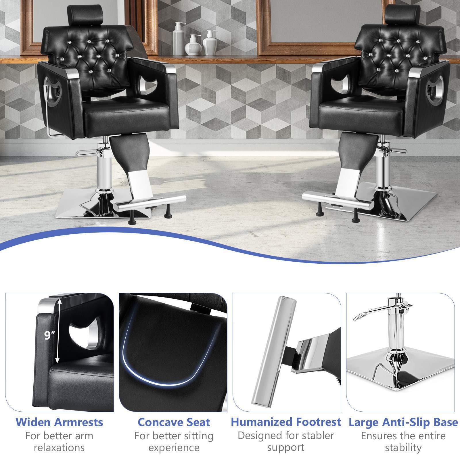 Adjustable Styling Salon Chair with Padded Backrest, 6-Level Adjustable Headrest