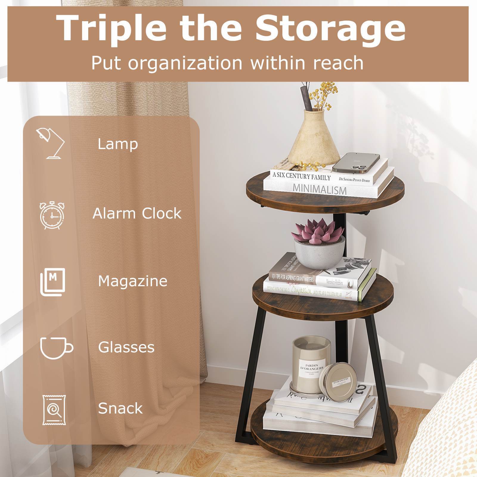 3-Tier Round Side Table Accent End Table Nightstand Bedside Table Living Room