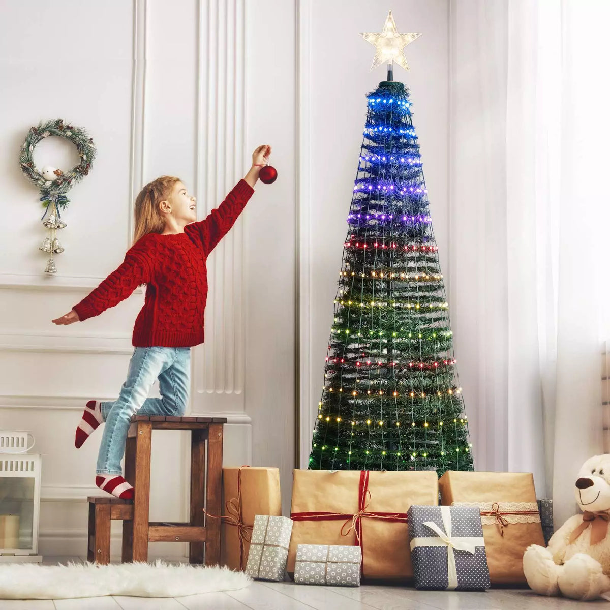 Indoor & Outdoor 190 cm Pop-up Christmas Tree Pre-Lit Xmas Tree w/12 Light Modes