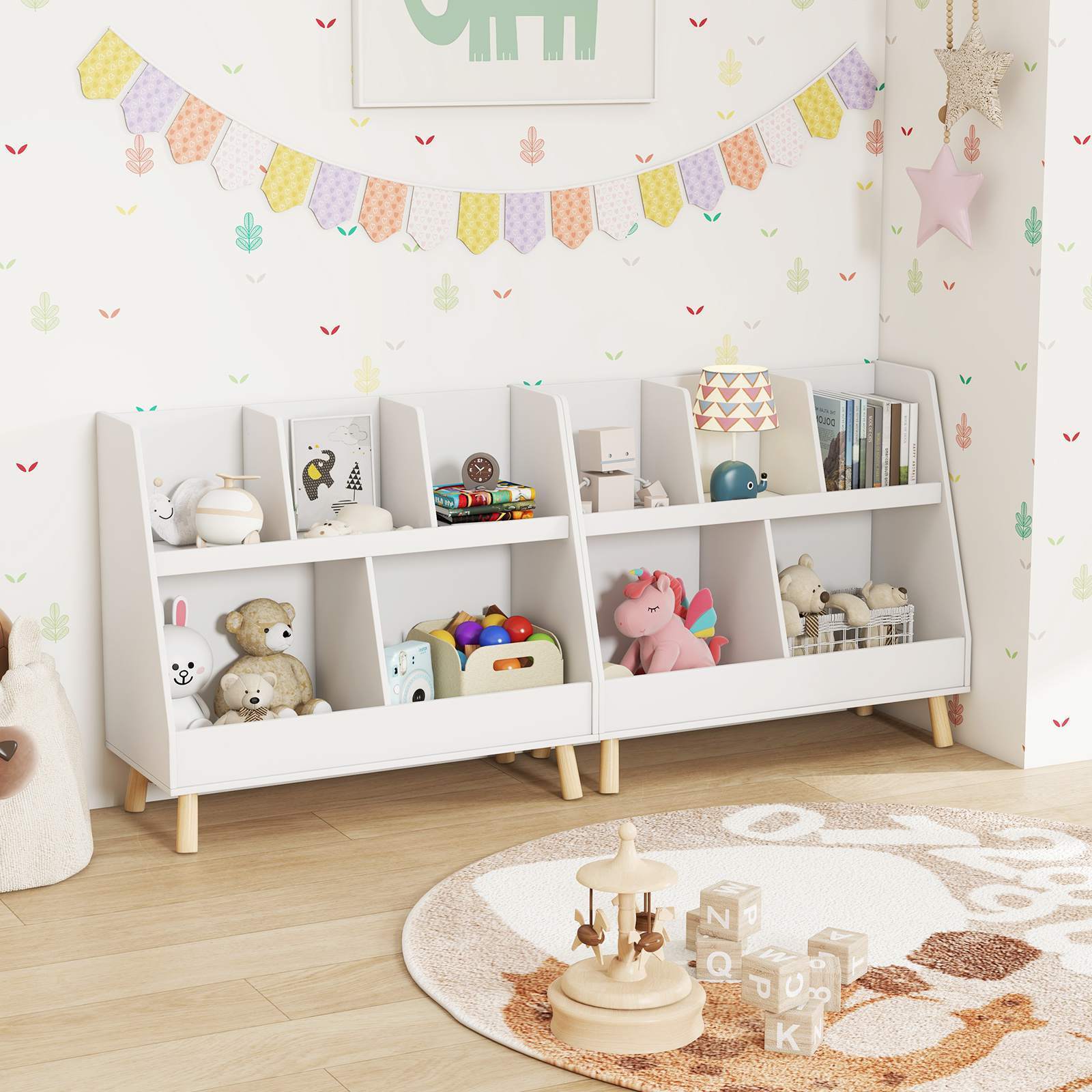 5-Cube Kids Bookshelf and Toy Organiser Wooden Storage Bookcase w/ Wood Legs