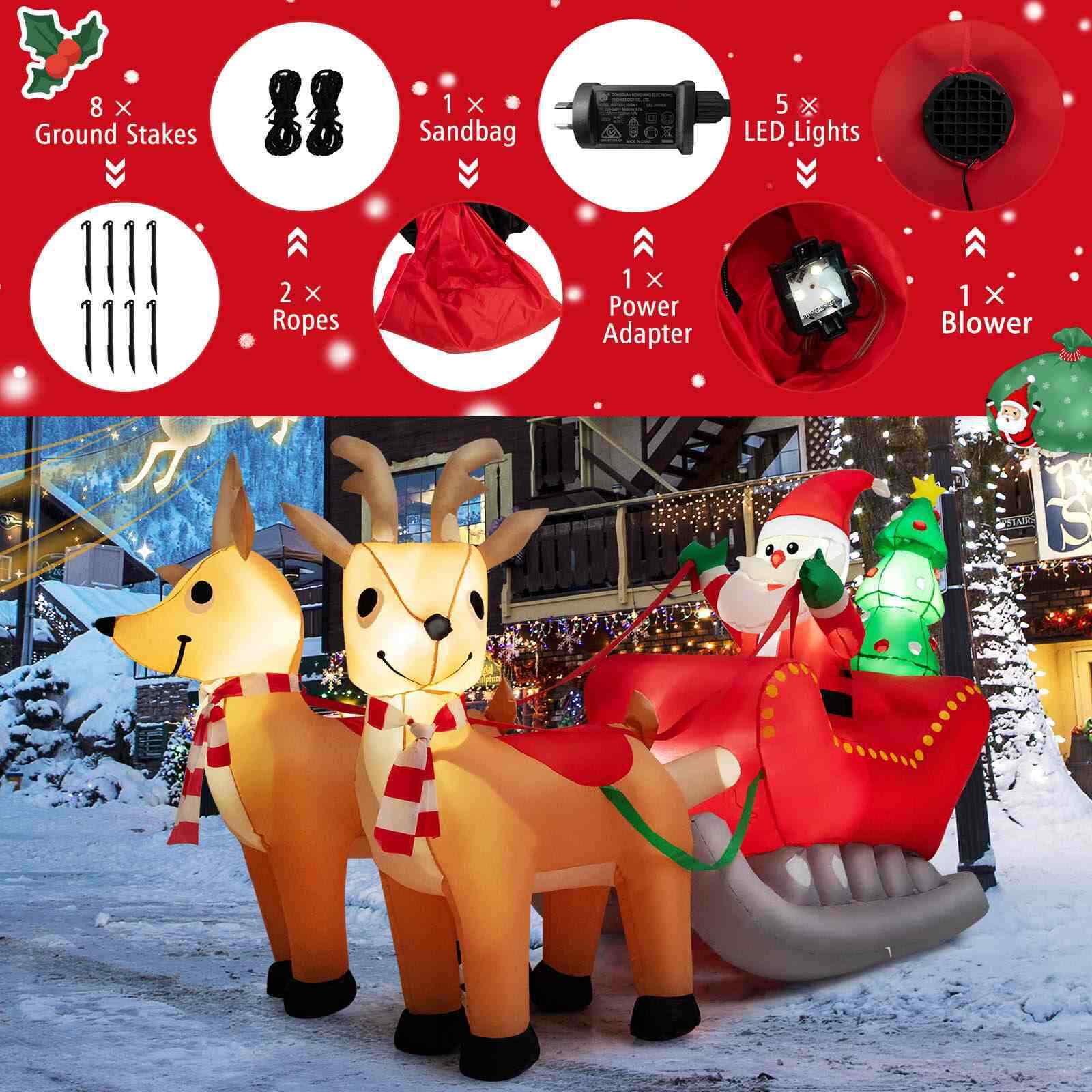 Christmas Inflatable Santa Claus Sleigh &Reindeer w/LED & Christmas Tree Outdoor