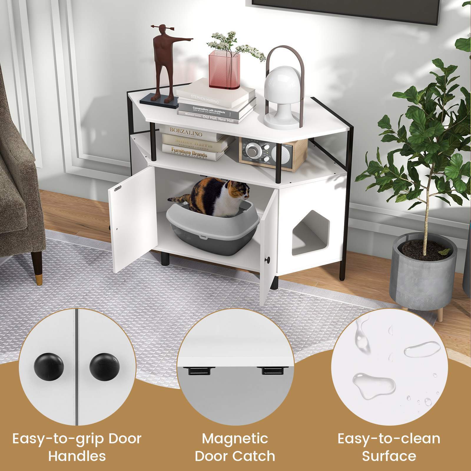 Hidden Cat Litter Box Enclosure Indoor Corner End Table w/Open Shelf, 2 Entries