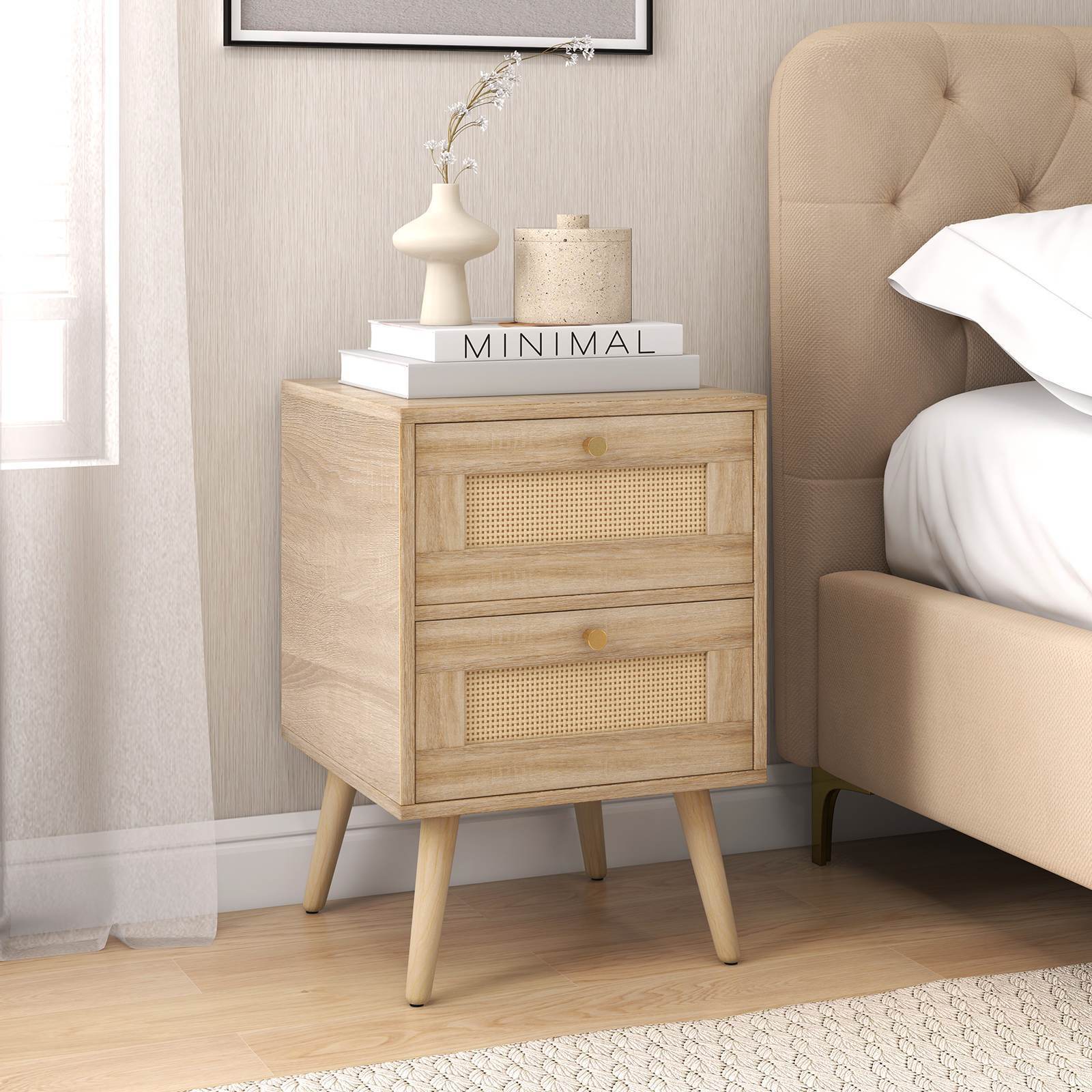 Boho Rattan Nightstand Bedside Table Modern End Table Storage Drawers Bedroom