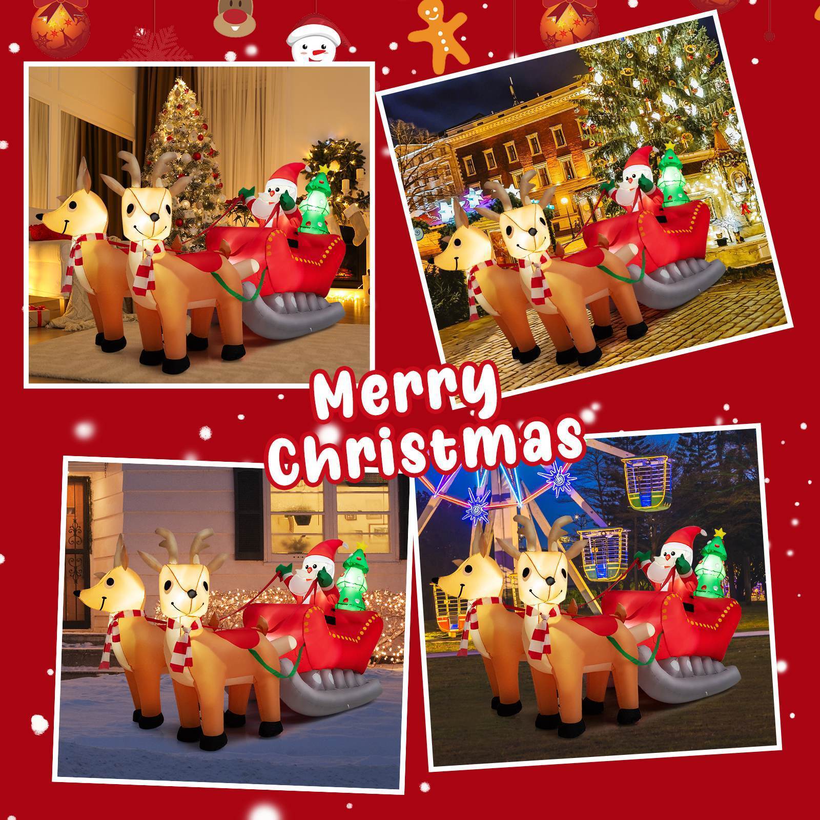 Christmas Inflatable Santa Claus Sleigh &Reindeer w/LED & Christmas Tree Outdoor