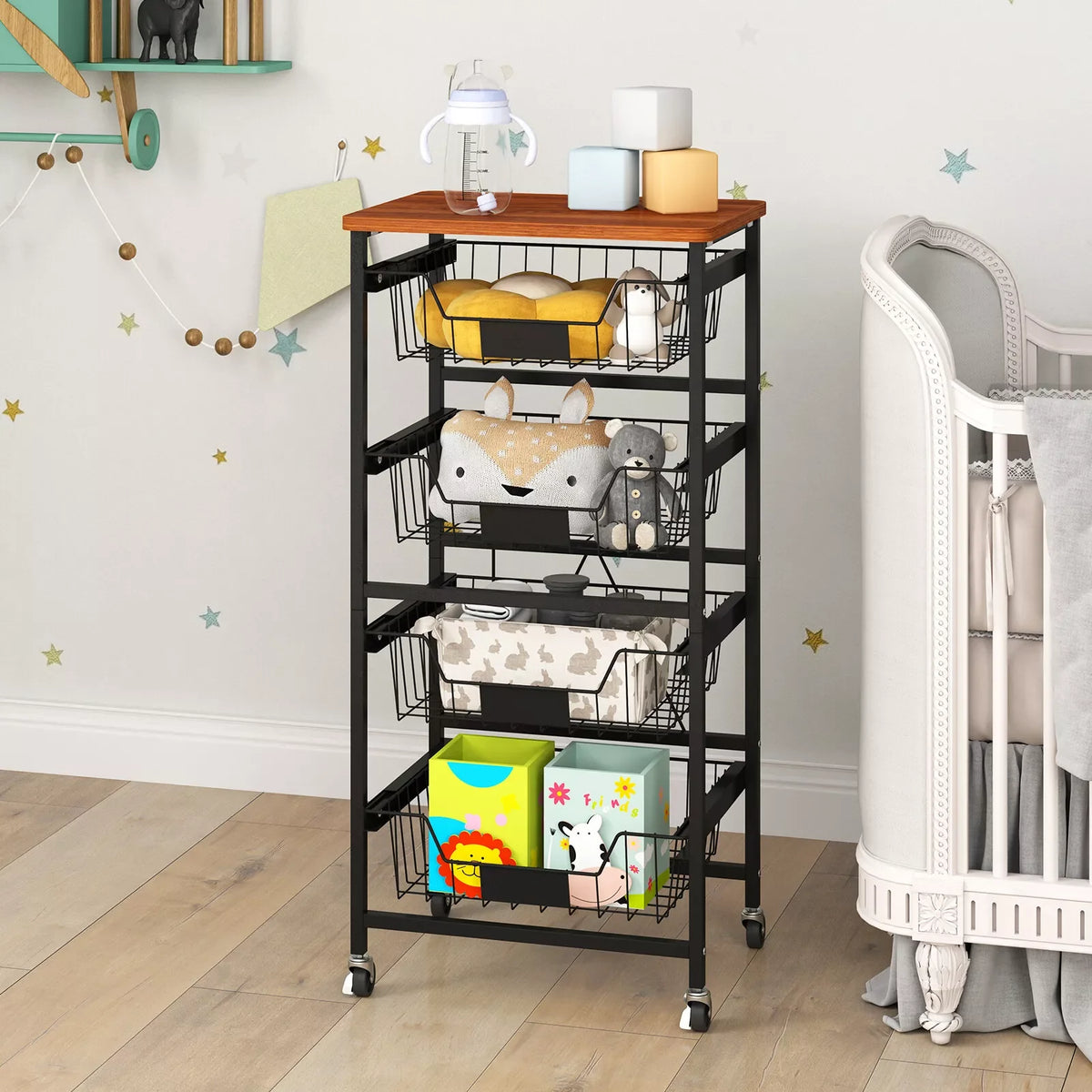 4/5-Tier Kitchen Storage Cart Utility Cart w/ Wooden Top Snack Storage Cart