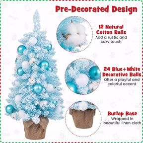 Pre-Decorated Tabletop Mini Christmas Tree Xmas Decor w/Snow Flocked Branch Tips