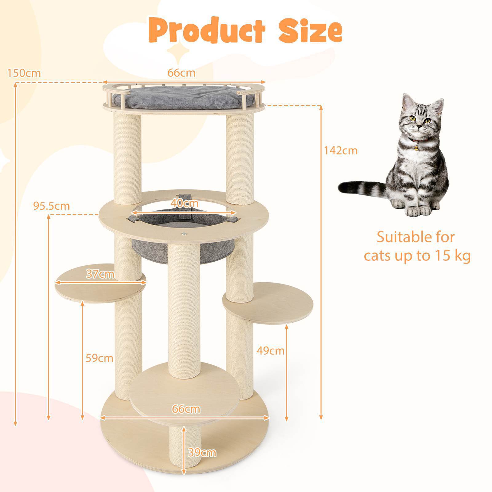 5-level Wooden Cat Tree w/Fully Wrapped Sisal Scratching Posts, Indoor Kittens