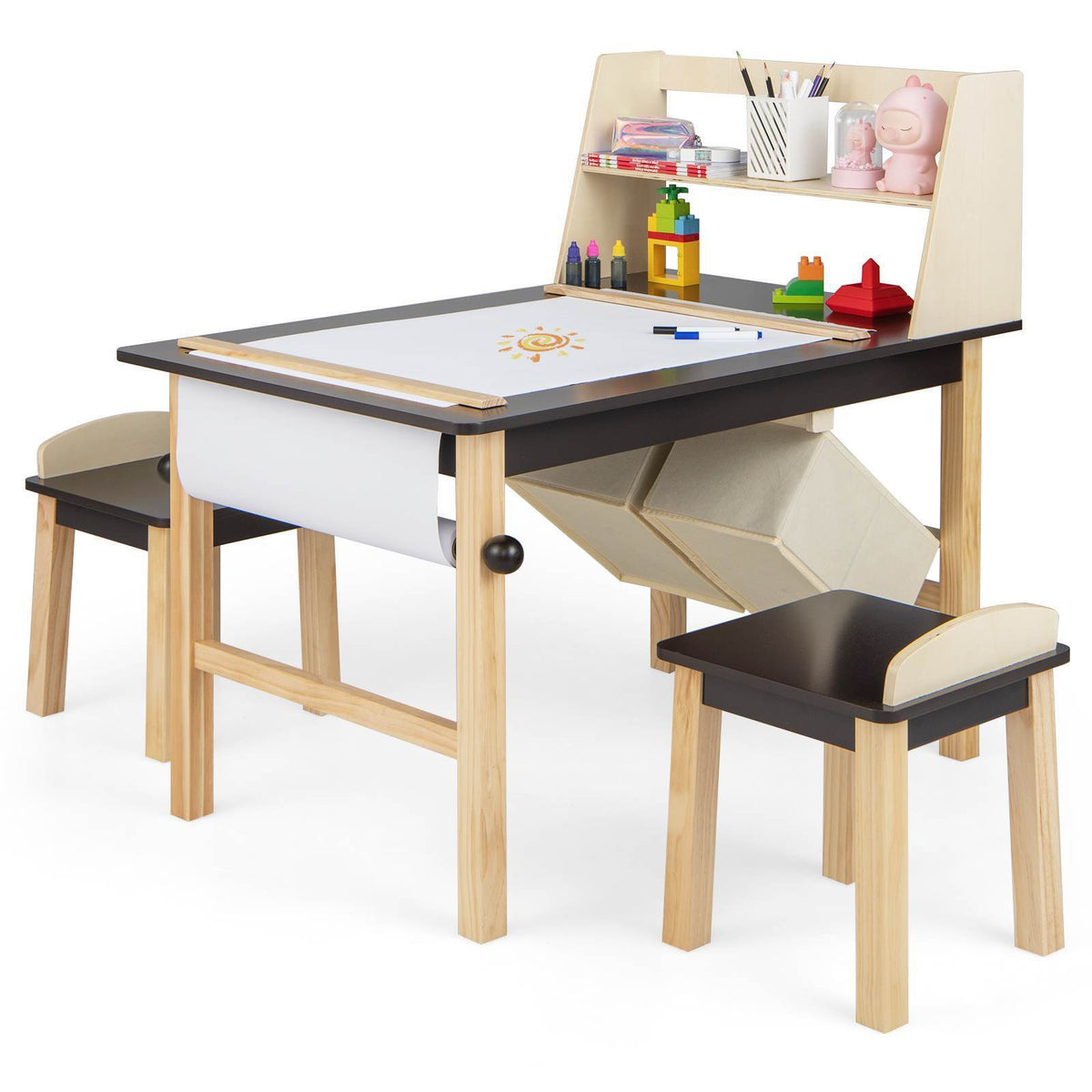 Kids Table and Chairs Set 3PCS Art Drawing Activity Desk Stools w/Storage Bins