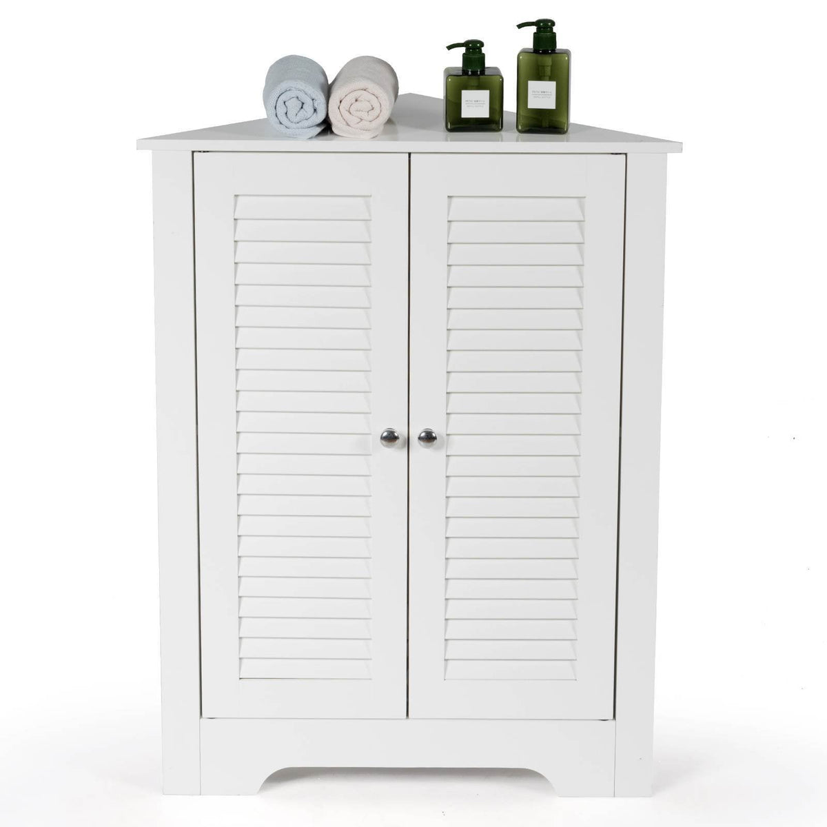 3-Tier Corner Floor Storage Cabinet Organizer w/ 2 Shutter Doors Bathroom White