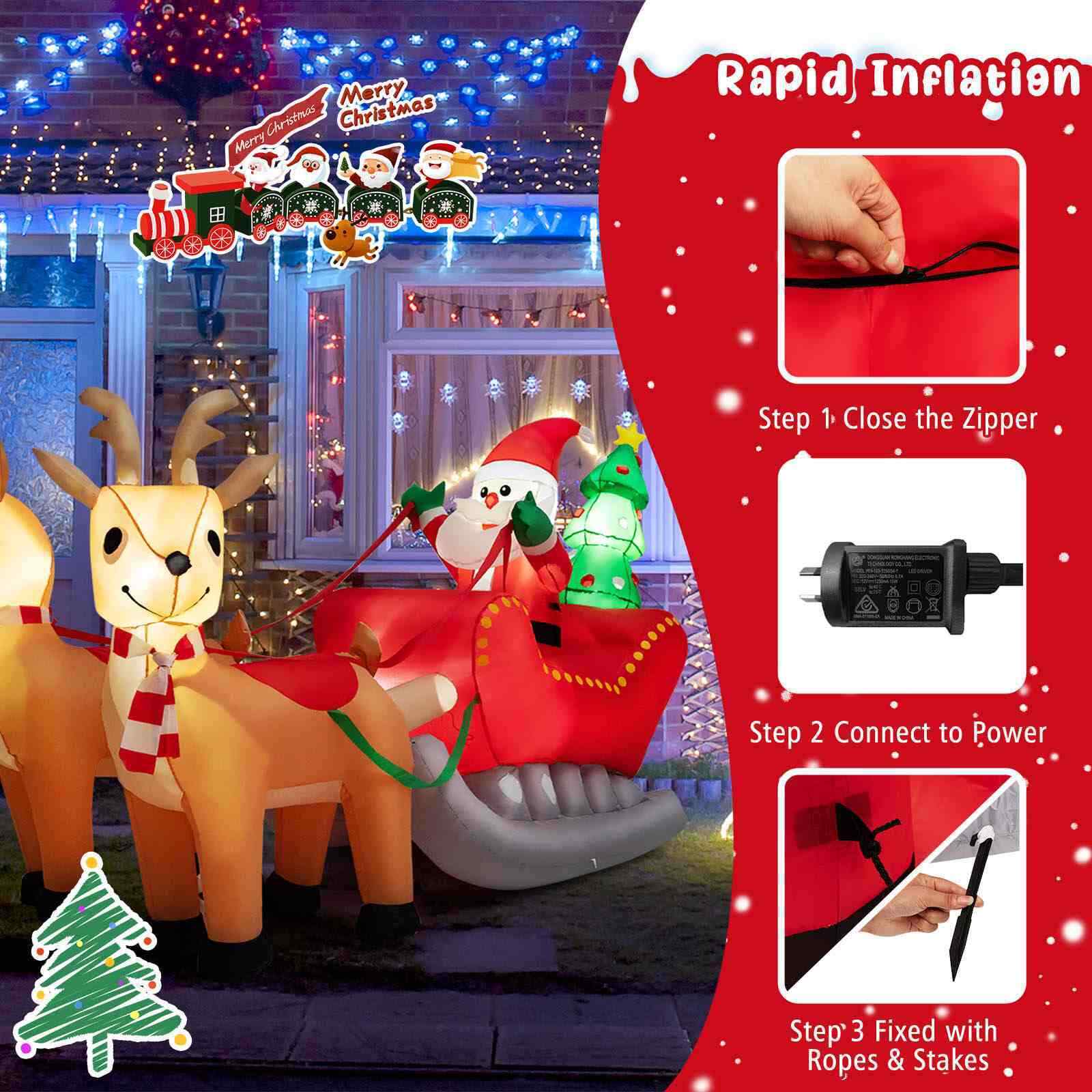 Christmas Inflatable Santa Claus Sleigh &Reindeer w/LED & Christmas Tree Outdoor