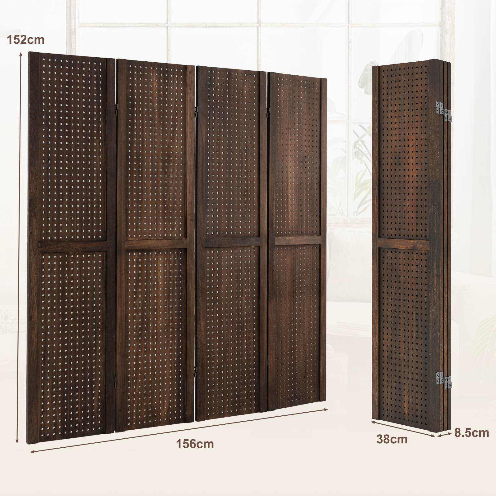 Giantex 4-Panel Room Divider Folding Pegboard Display Stand Privacy Screen Brown