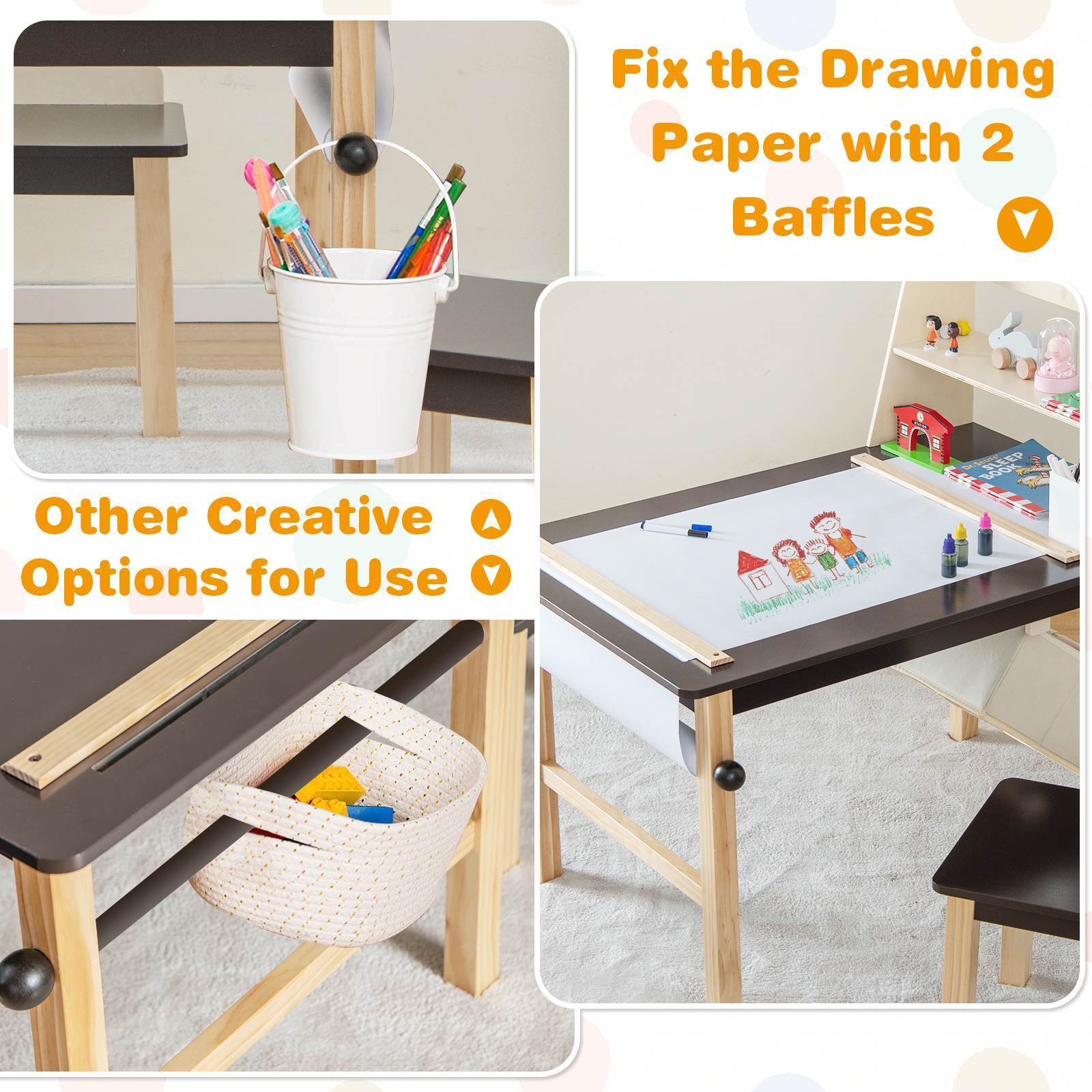 Kids Table and Chairs Set 3PCS Art Drawing Activity Desk Stools w/Storage Bins