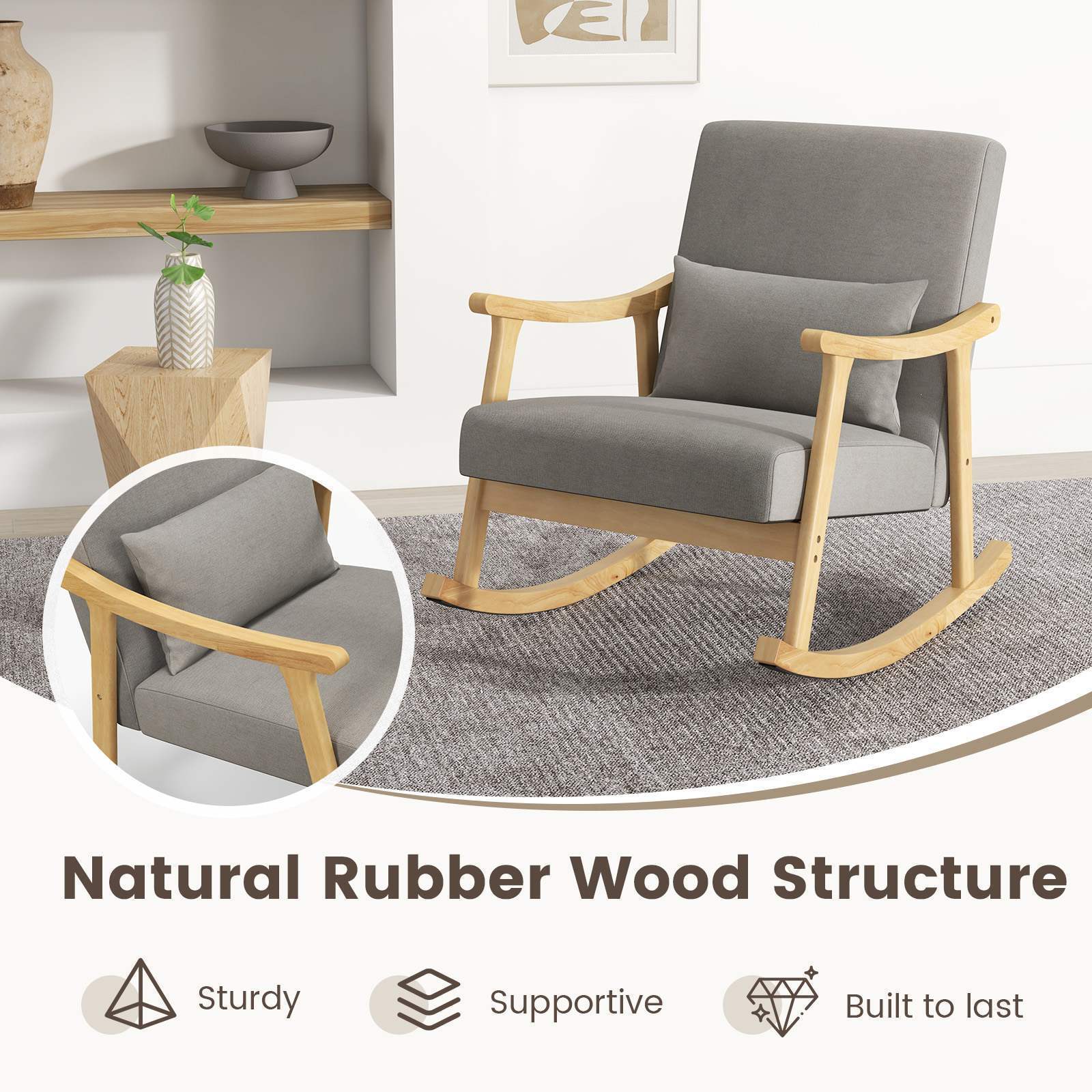 Upholstered Rocking Chair Accent Chair w/ Lumber Pillow Padded Seat Living Room