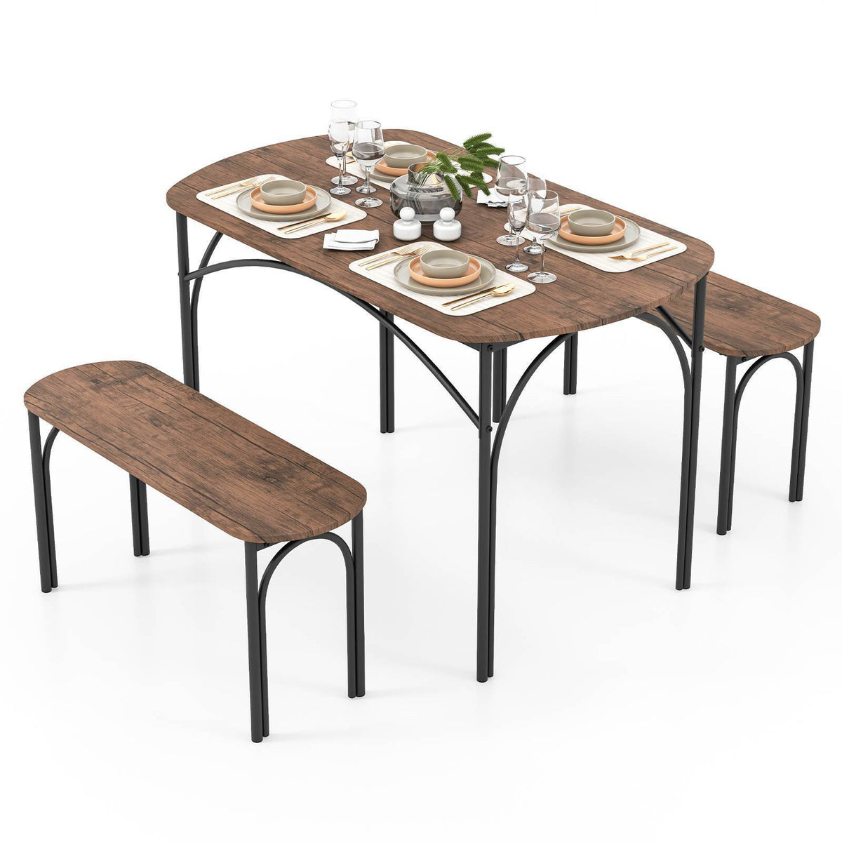 3PCS Dining Table Set Rectangular Table 2 Benches Kitchen Dining Room Furniture