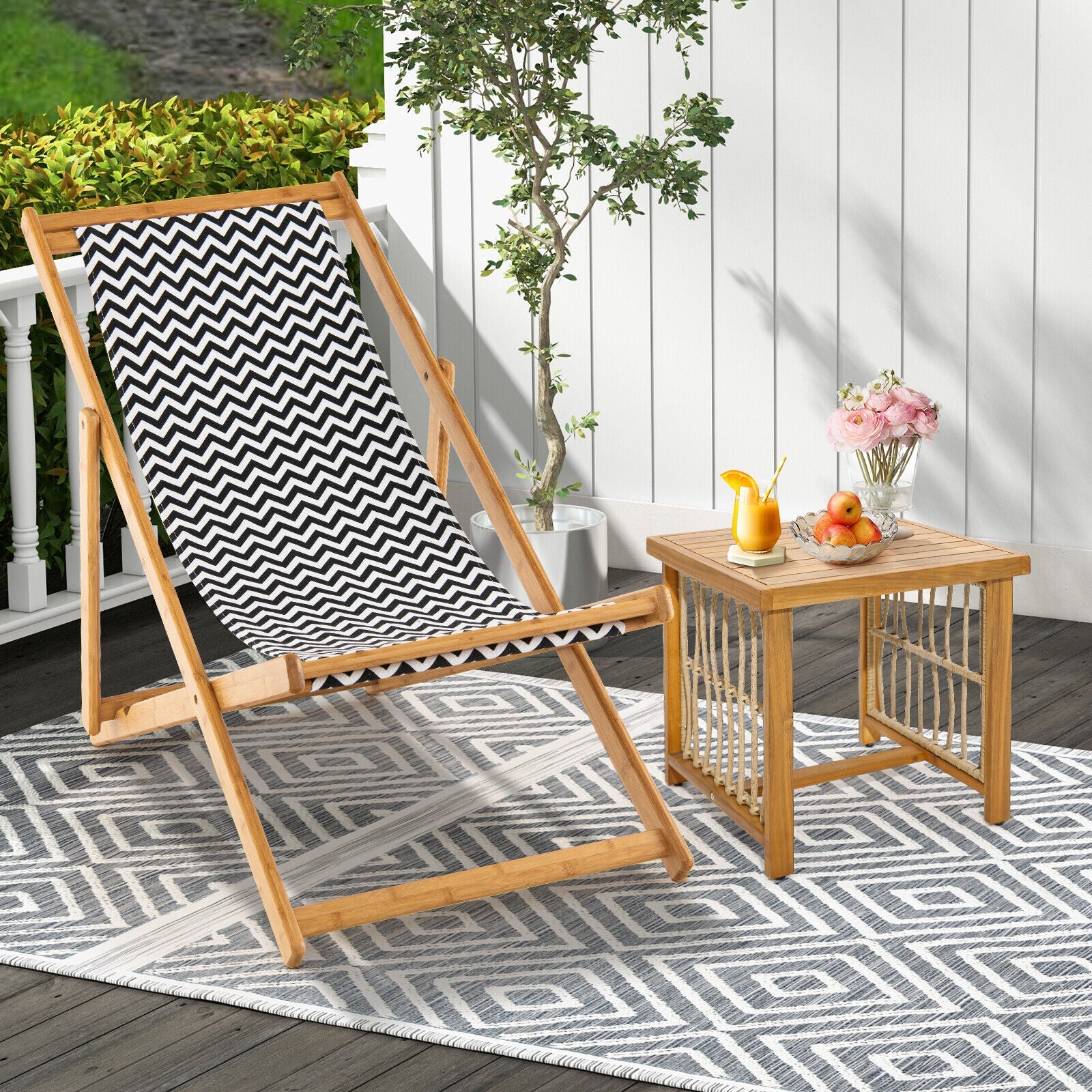 Folding Solid Wood Lounge Beach Chair Reclining Canvas Outdoor 160kg Capacity