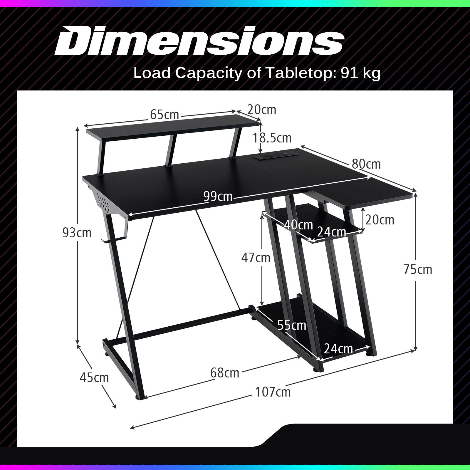 L Shaped Gaming Desk with Outlets & USB Ports Monitor Shelf Headphone Hook
