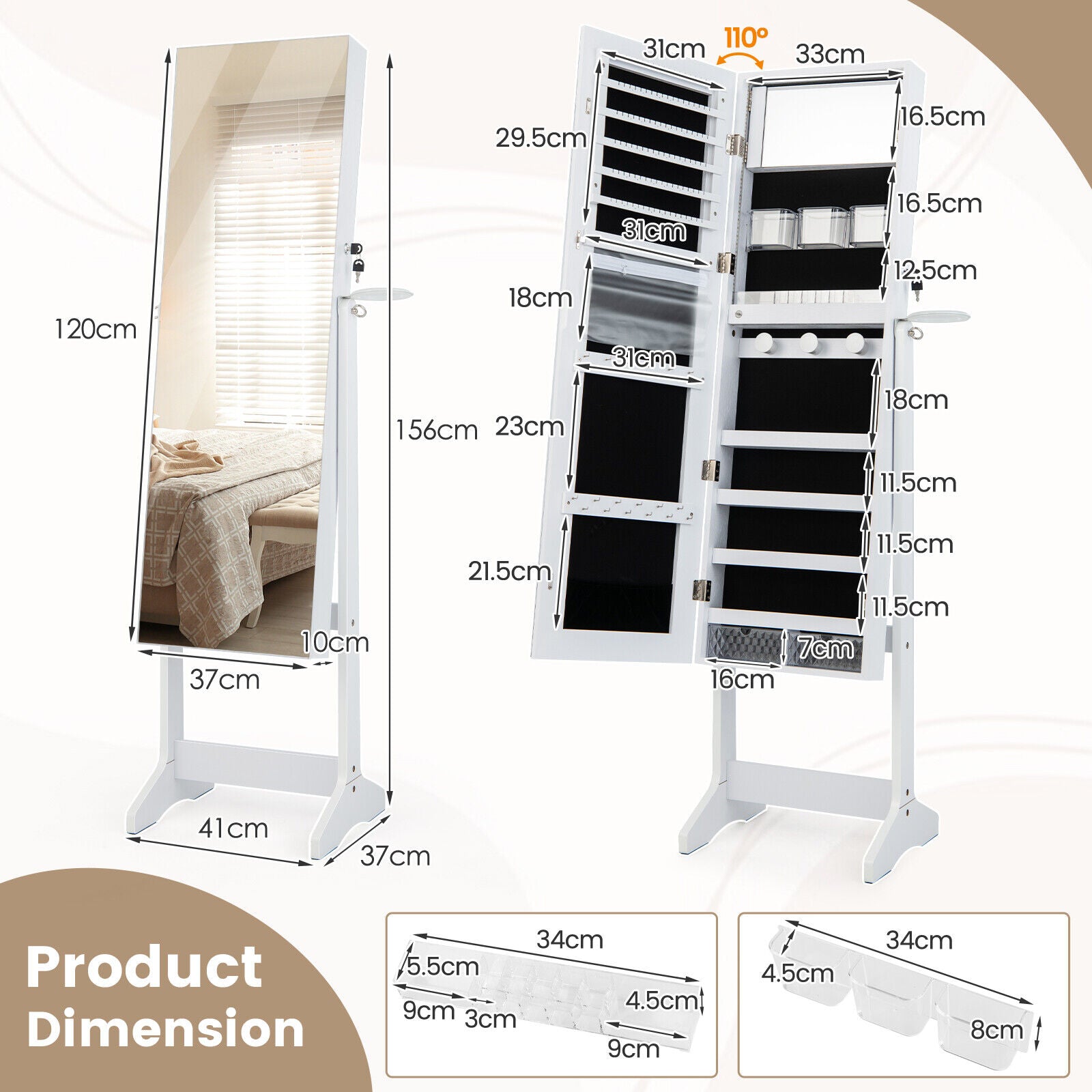 Freestanding Jewelry Cabinet Armoire Lockable Jewelry Organizer w/ LED Lights