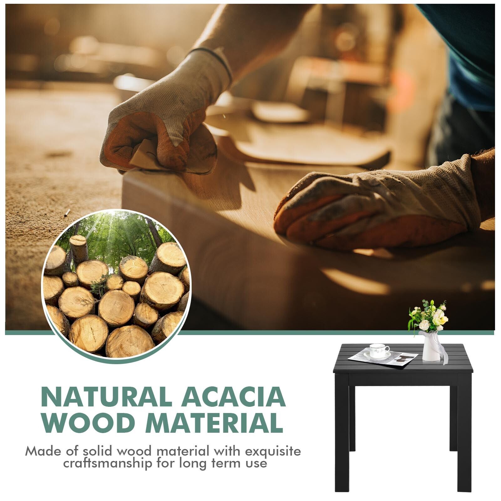 Wooden Square Side End Table Patio Coffee Bistro Table Indoor Outdoor