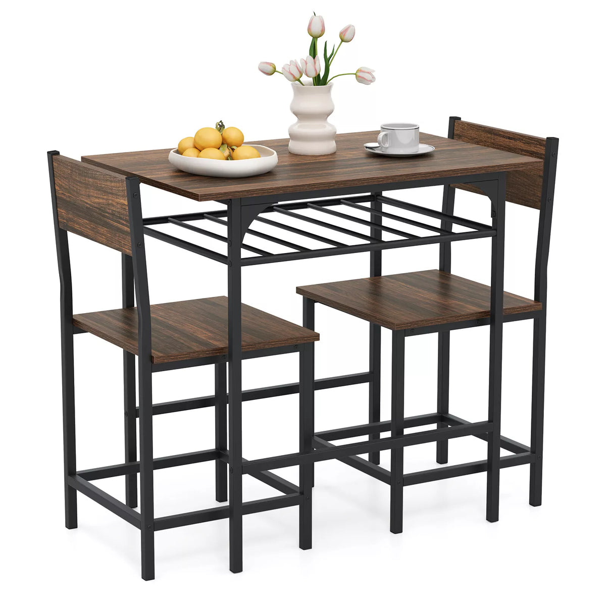 3-Piece Dining Table Set for 2 Wood Rectangular Table & Chair Metal Frame