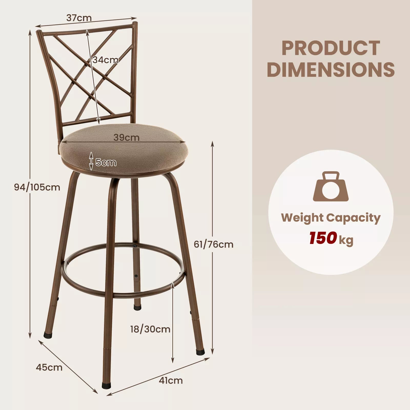 Swivel Bar Stool Set of 2 61-76cm Seat Height Barstool Set Adjustable Height