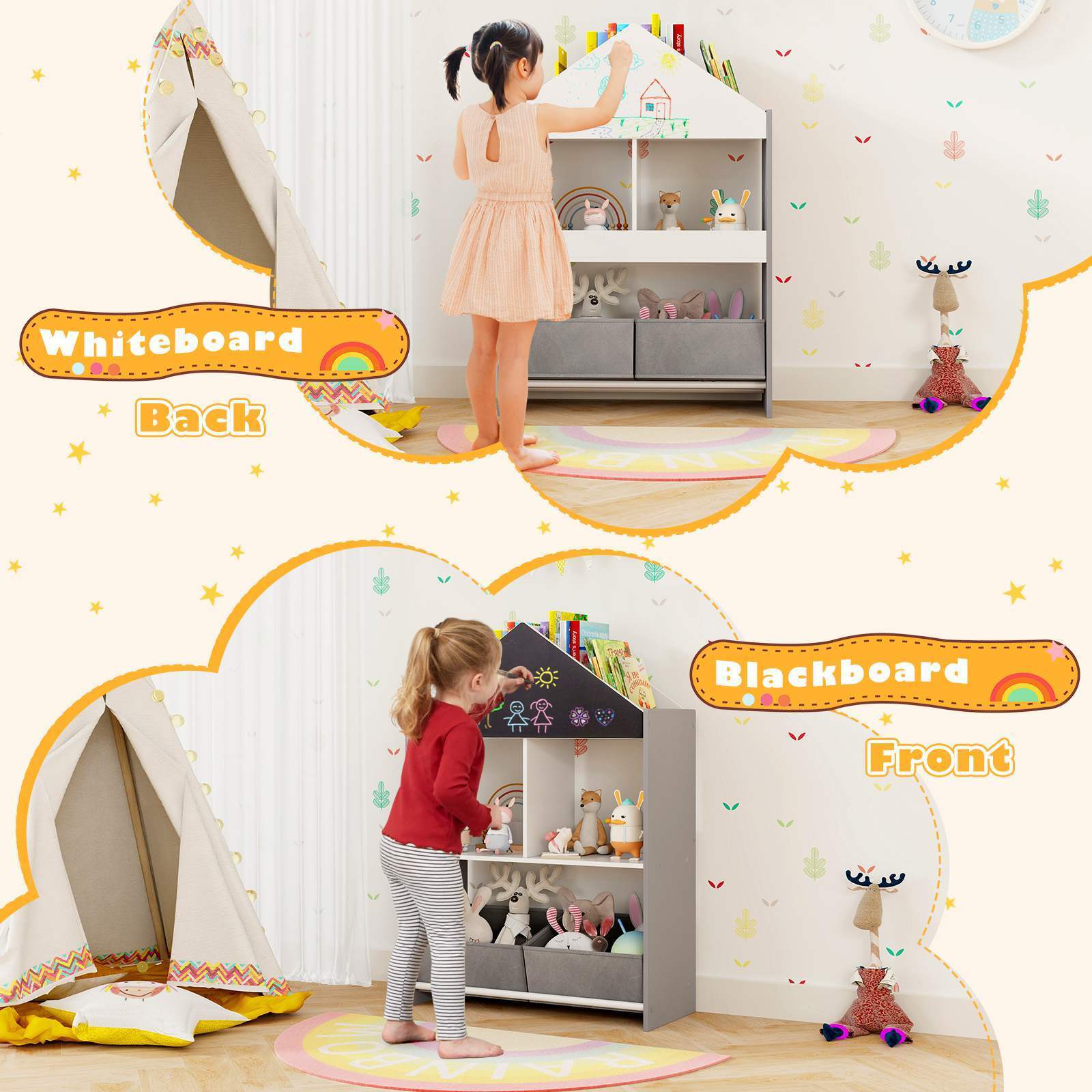 Playhouse Kids Bookshelf Wooden Toy Storage Organizer w/Chalkboard & Whiteboard