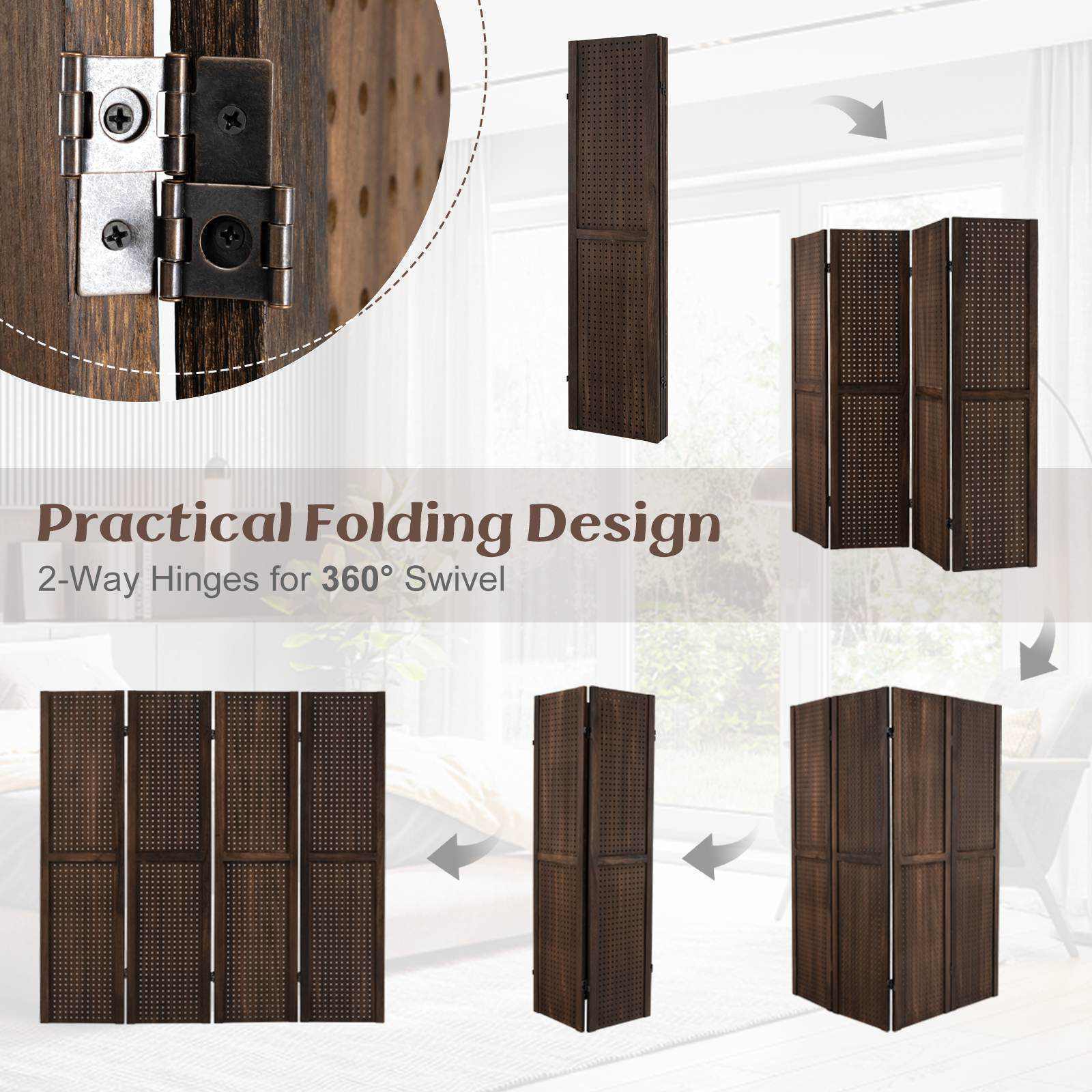 Giantex 4-Panel Room Divider Folding Pegboard Display Stand Privacy Screen Brown