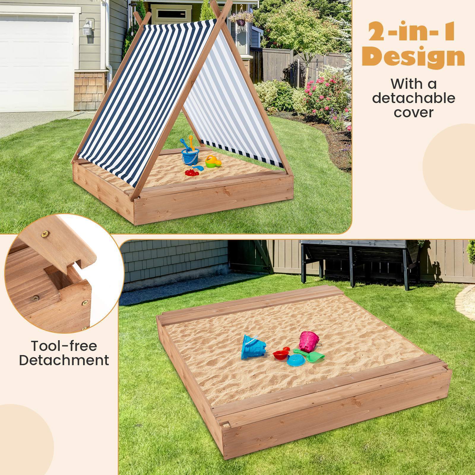 HONEY JOY Kids Sandpit Wooden Sandbox Sand Pit Play Station w/Canopy Bench Seats