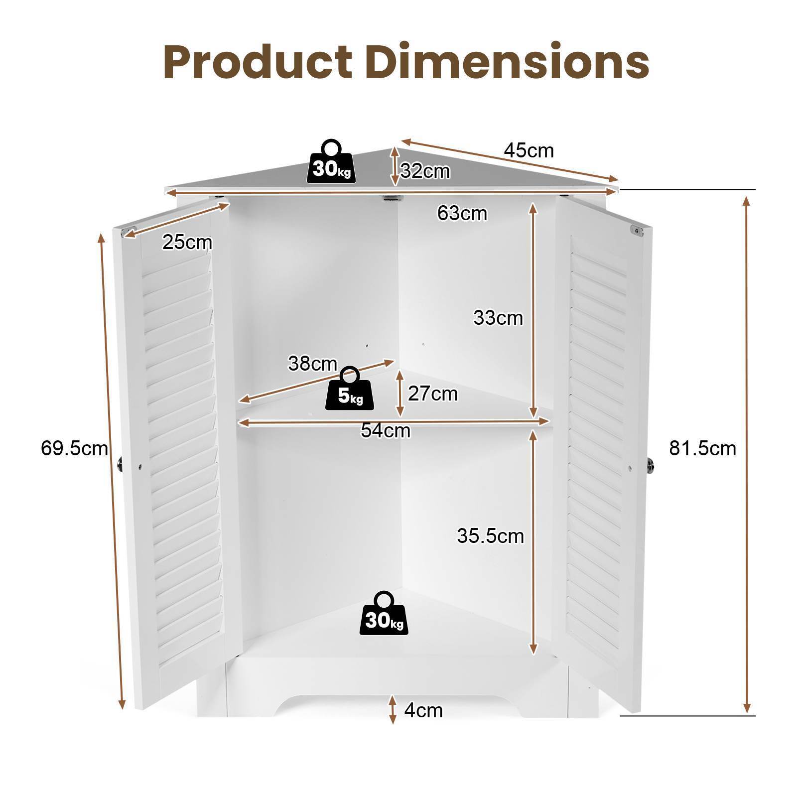 3-Tier Corner Floor Storage Cabinet Organizer w/ 2 Shutter Doors Bathroom White