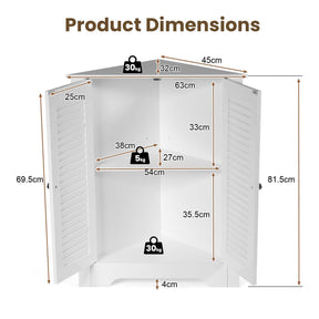 3-Tier Corner Floor Storage Cabinet Organizer w/ 2 Shutter Doors Bathroom White