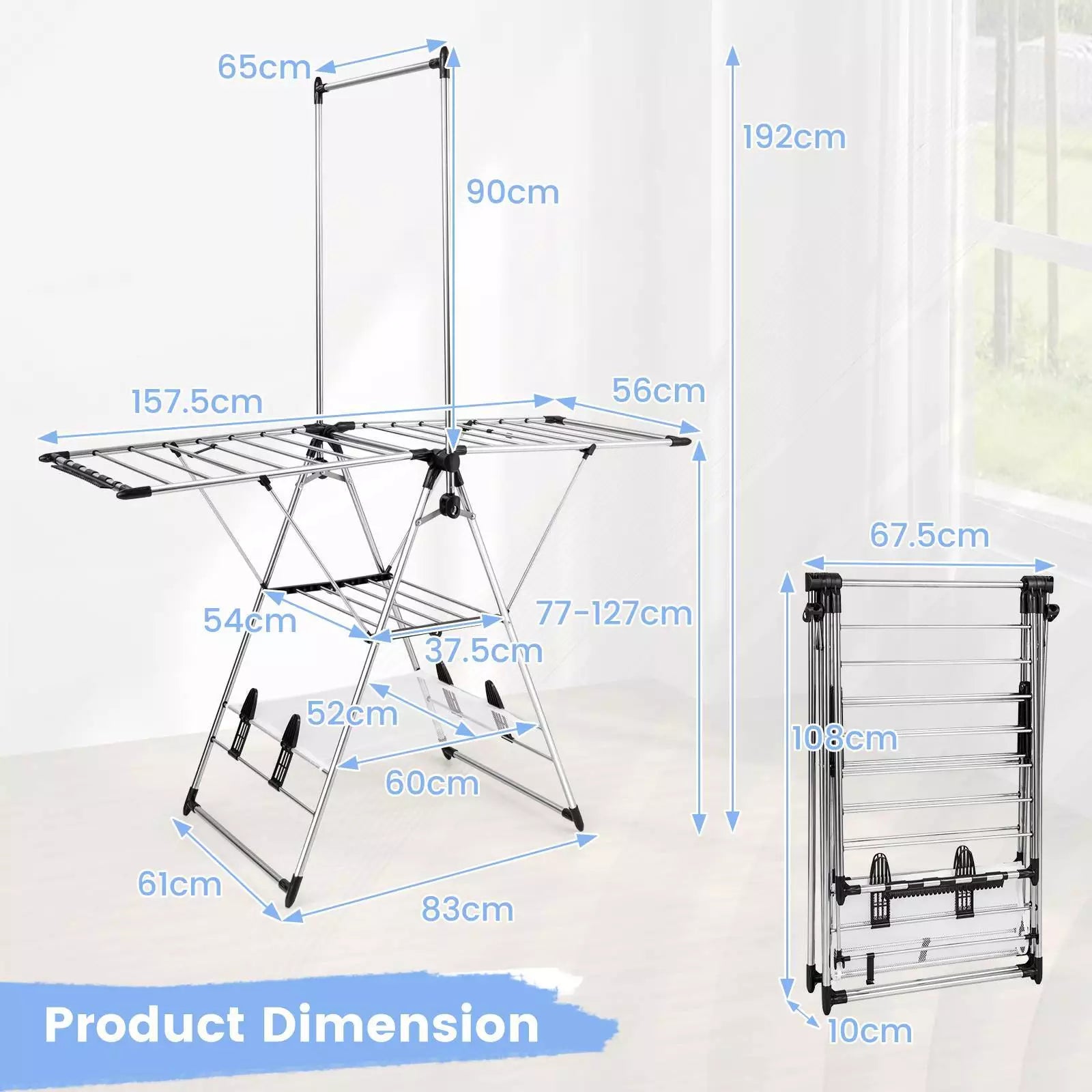 Clothes Drying Rack Stainless Steel Gullwing Style Rack w/ 6 Adjustable Height
