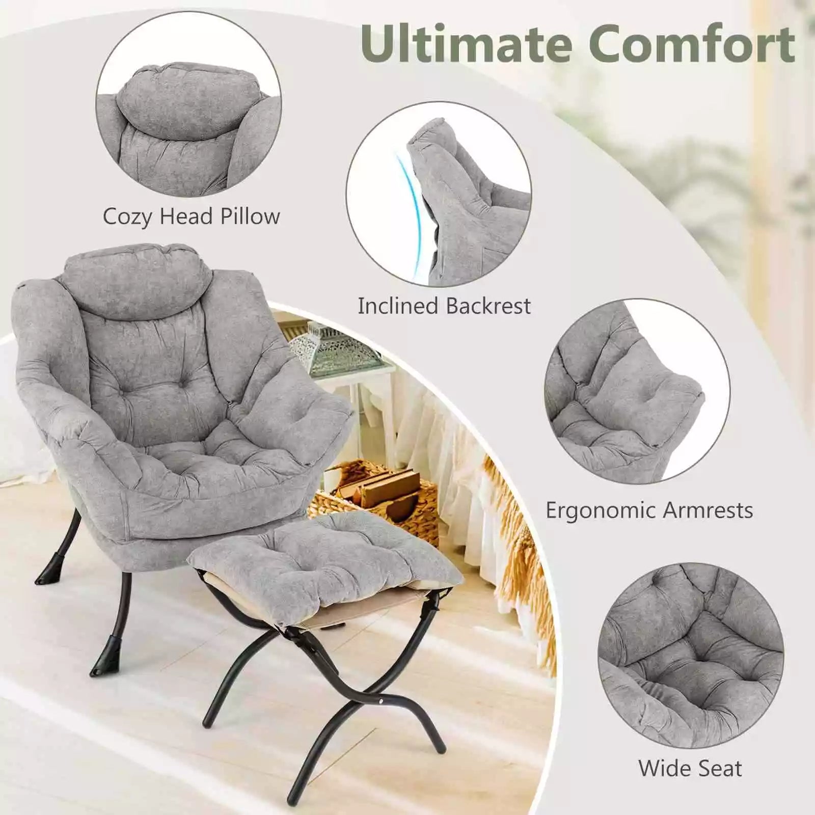 Lazy Chair w/ Ottoman Sherpa Lounge Accent Chair w/ Folding Footrest for Bedroom