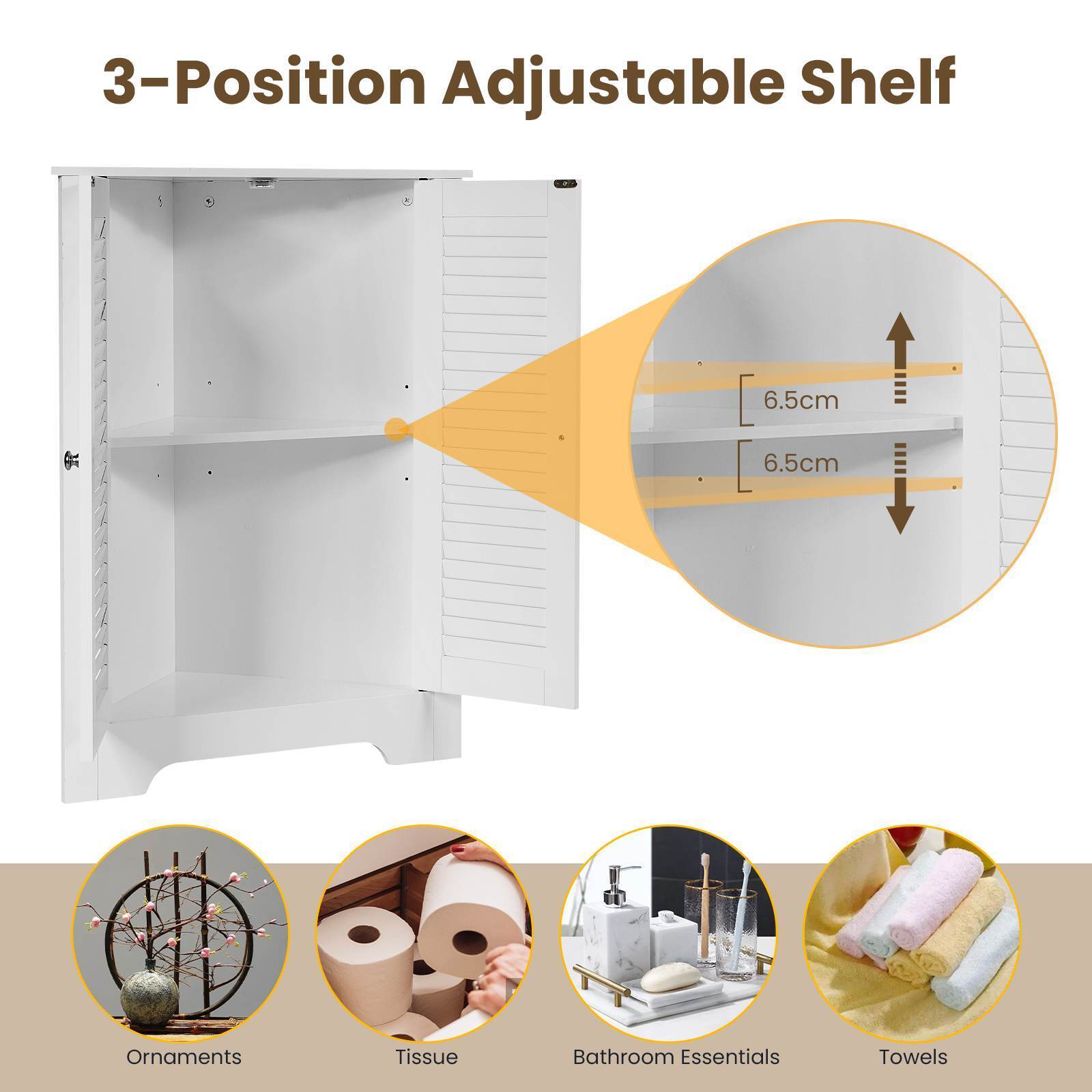 3-Tier Corner Floor Storage Cabinet Organizer w/ 2 Shutter Doors Bathroom White