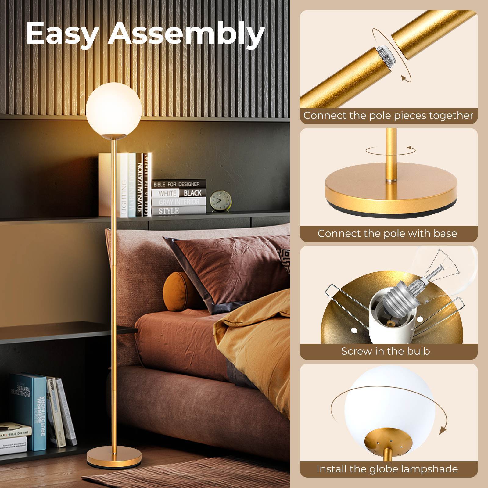 LED Floor Lamp, Globe Lamp Cover Floor Lamp Mid Century Modern Standing Lamp